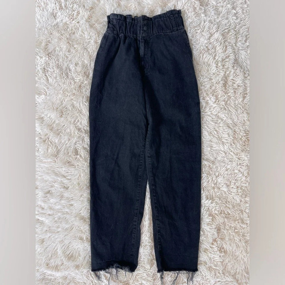 Zara elastic high waist paper bag mom jeans raw hem washed black size 2 - Picture 1 of 7